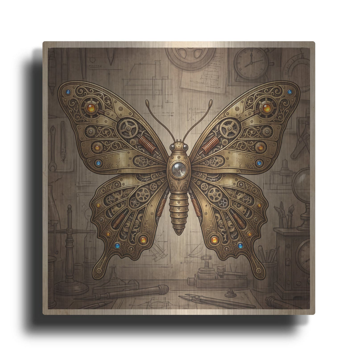 'Steampunk Butterfly Sapphire Gold' by Veve – Metal Wall Art