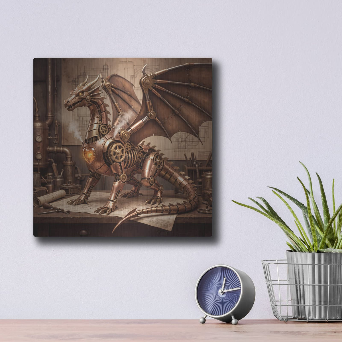 'Steampunk Dragon Heart Forge Copper Guardian' by Veve – Metal Wall Art, 12x12 room view