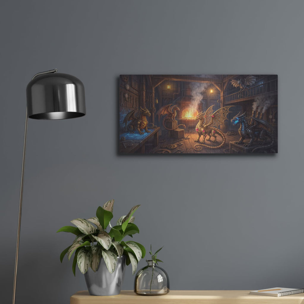 'Steampunk Dragons The Forge Council of Five' by Veve – Metal Wall Art, 24x12 room view