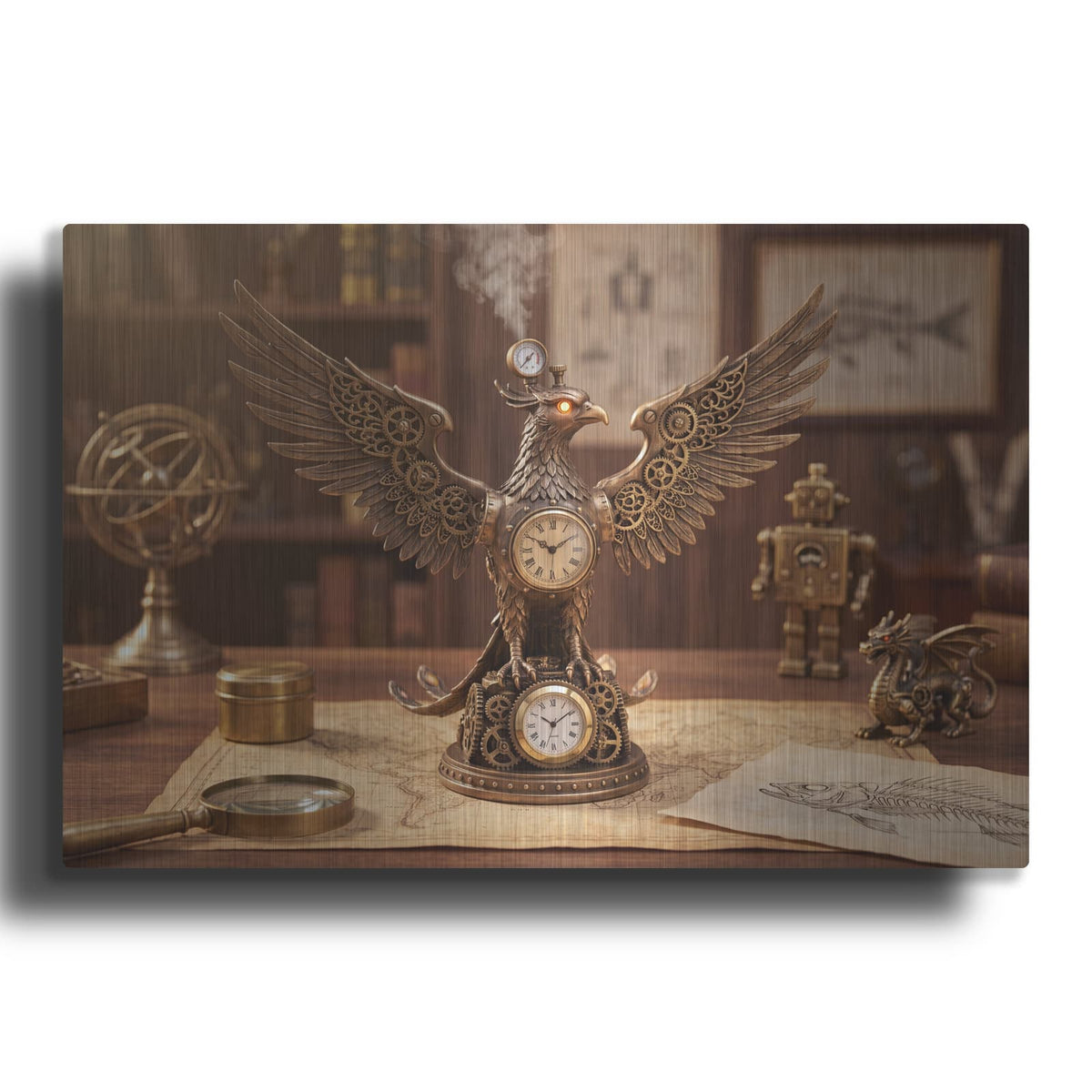 'Steampunk Eagle Chronos Double Clock' by Veve – Metal Wall Art