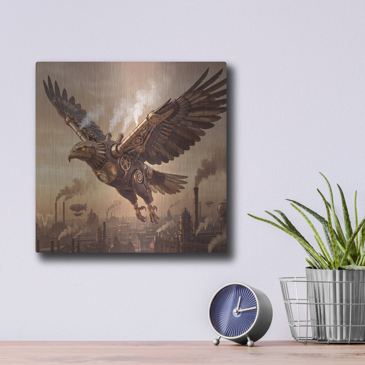 'Steampunk Eagle City' by Veve – Metal Wall Art, 12x12 room view