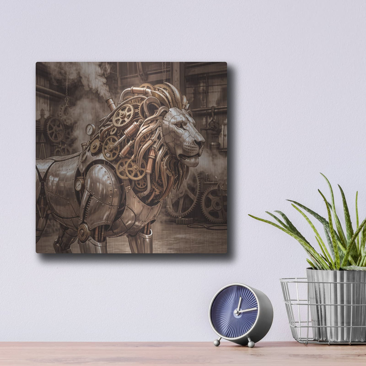 'Steampunk Mechanical Lion' by Veve – Metal Wall Art, 12x12 room view