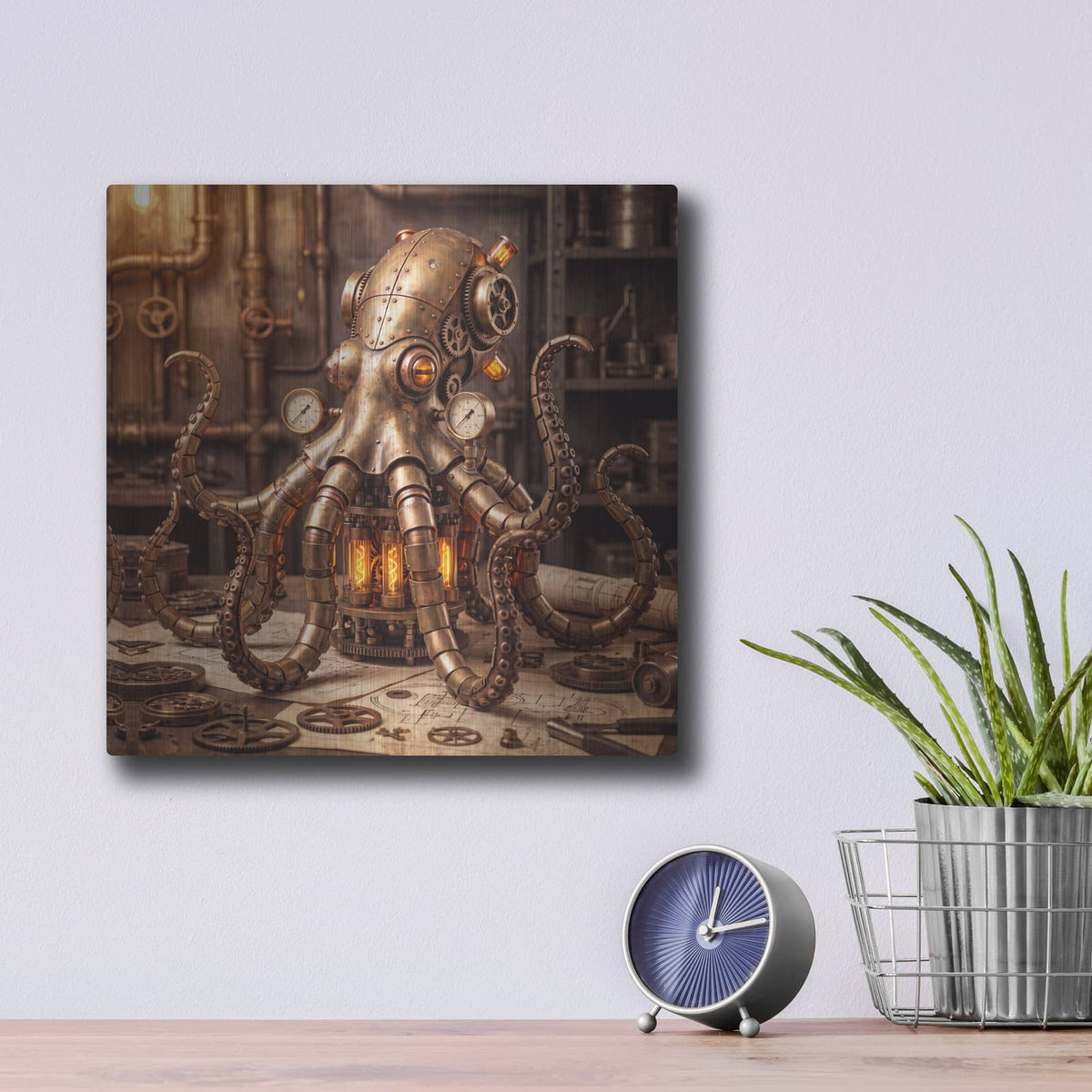 'Steampunk Mechanical Octopus' by Veve – Metal Wall Art, 12x12 room view