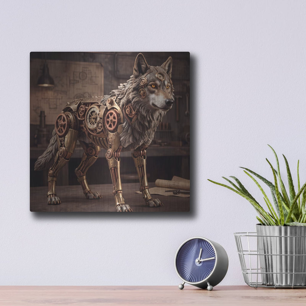 'Steampunk Mechanical Wolf Clockwork' by Veve – Metal Wall Art, 12x12 room view