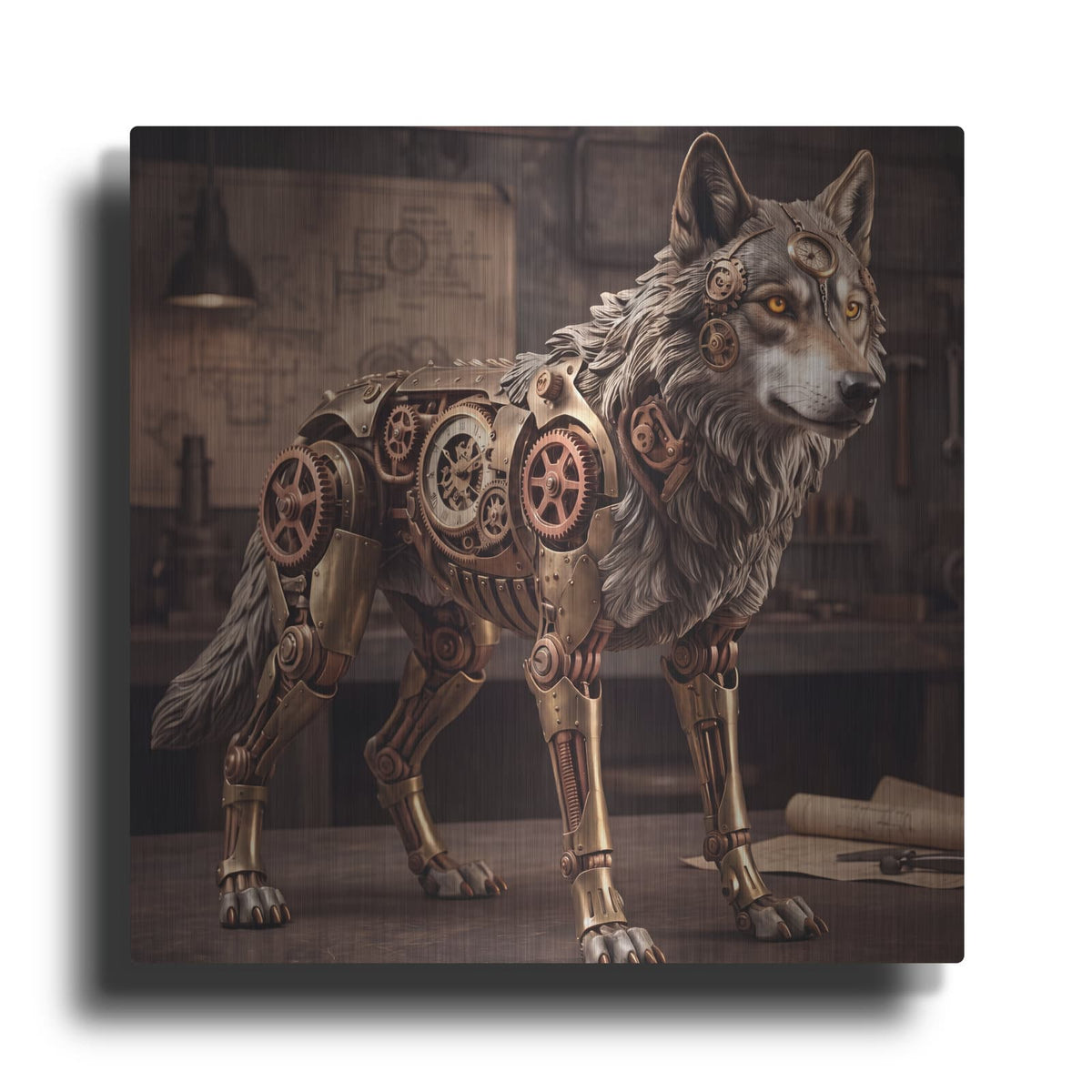'Steampunk Mechanical Wolf Clockwork' by Veve – Metal Wall Art