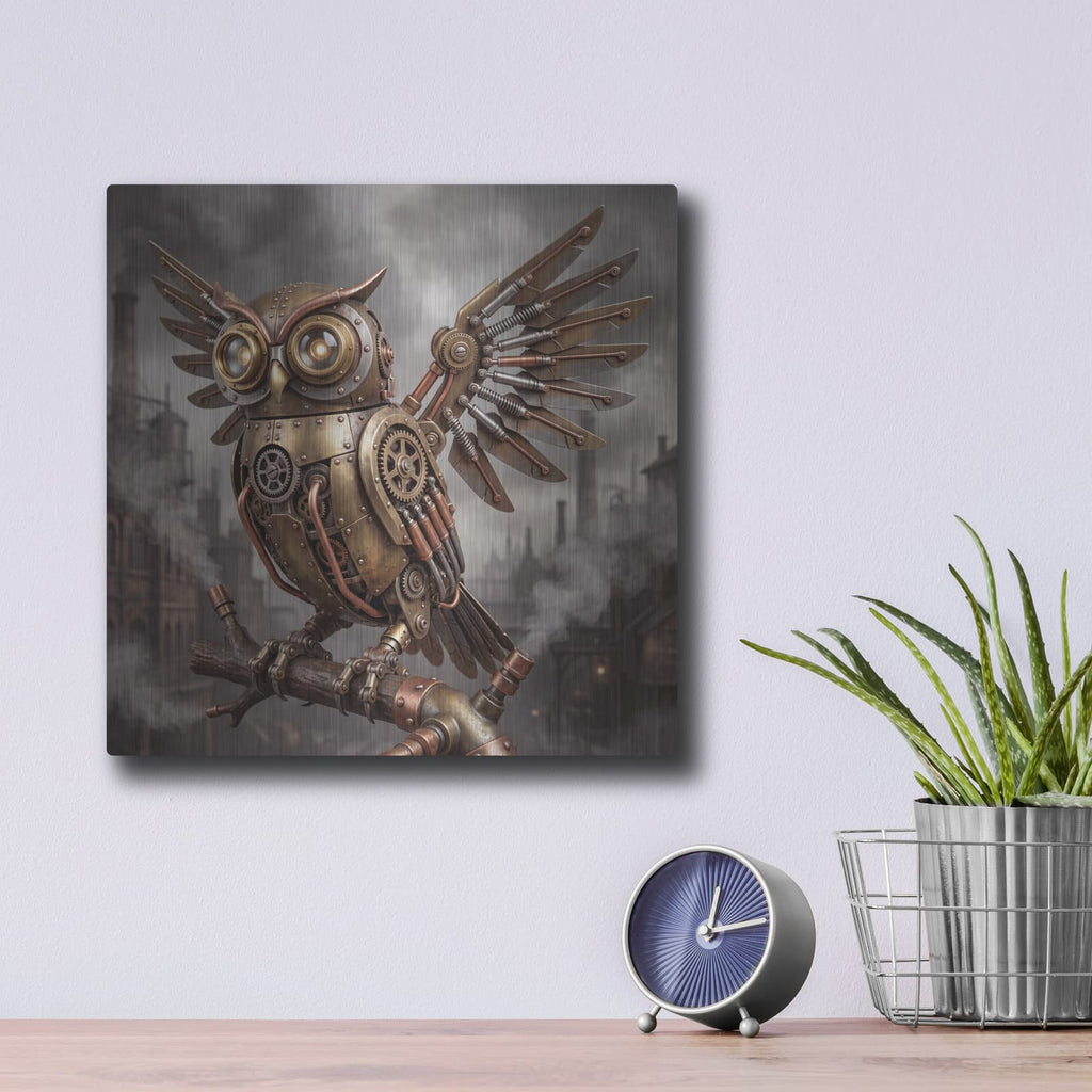 'Steampunk Owl' by Veve – Metal Wall Art, 12x12 room view