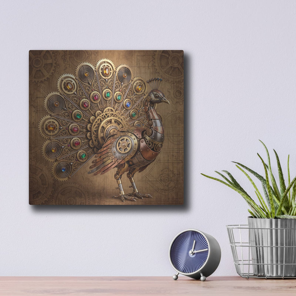 'Steampunk Peacock Jeweled Blueprint' by Veve – Metal Wall Art, 12x12 room view