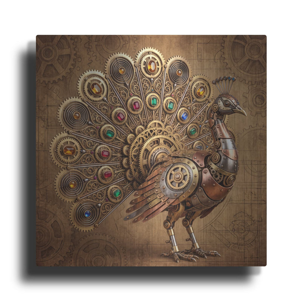 'Steampunk Peacock Jeweled Blueprint' by Veve – Metal Wall Art