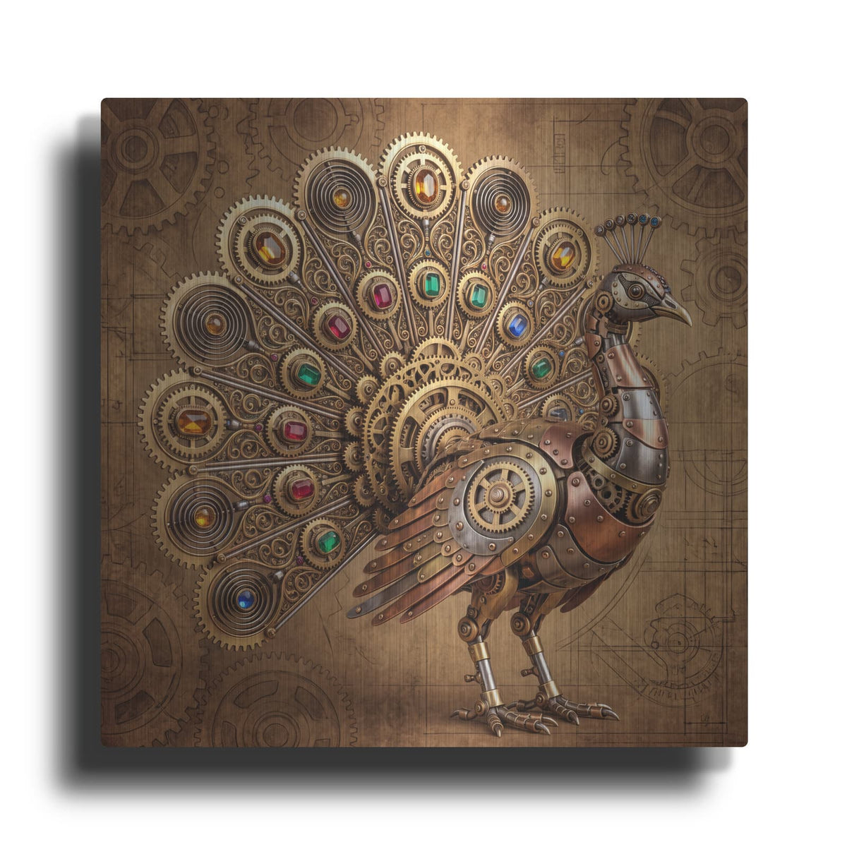 'Steampunk Peacock Jeweled Blueprint' by Veve – Metal Wall Art