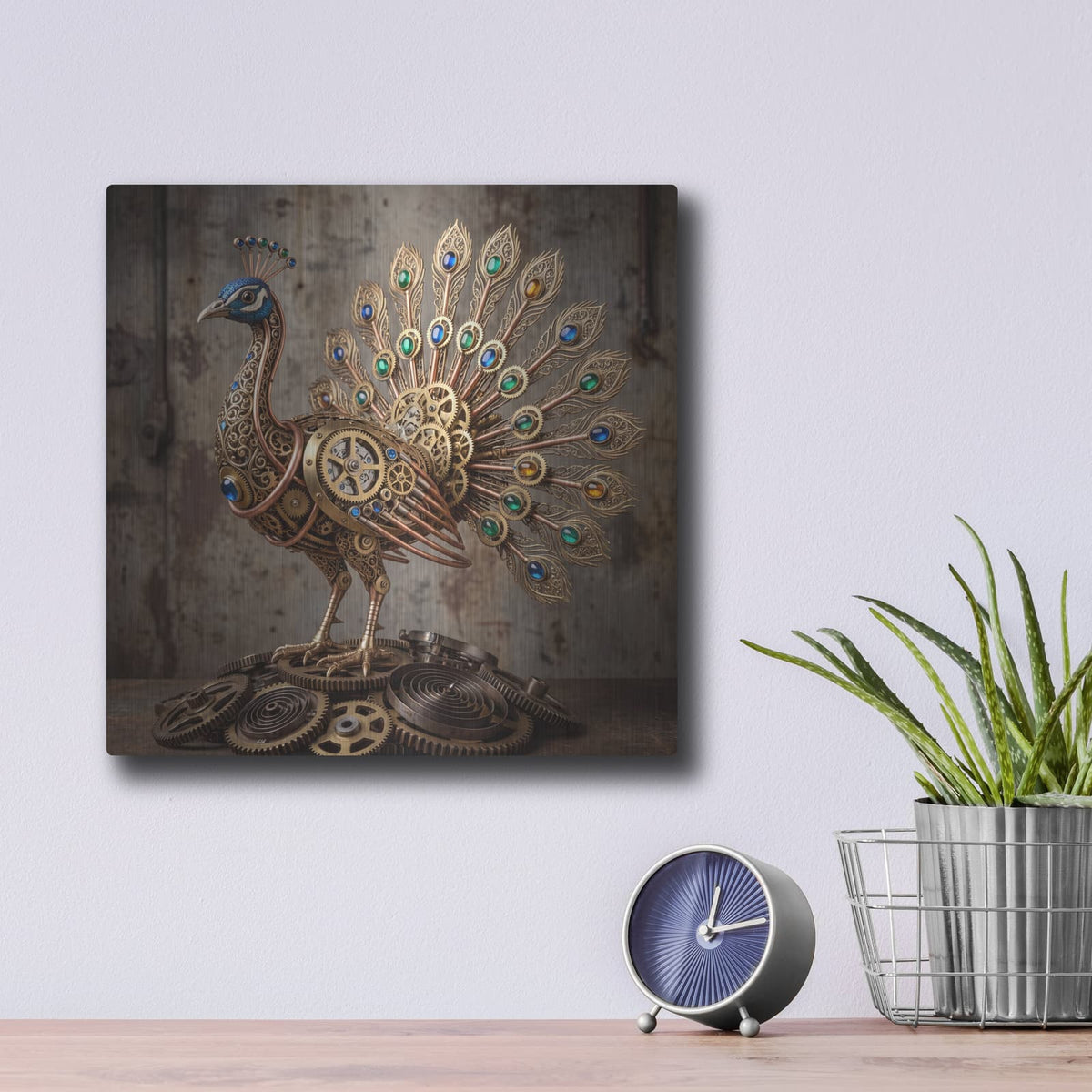 'Steampunk Peacock Jeweled Forge' by Veve – Metal Wall Art, 12x12 room view