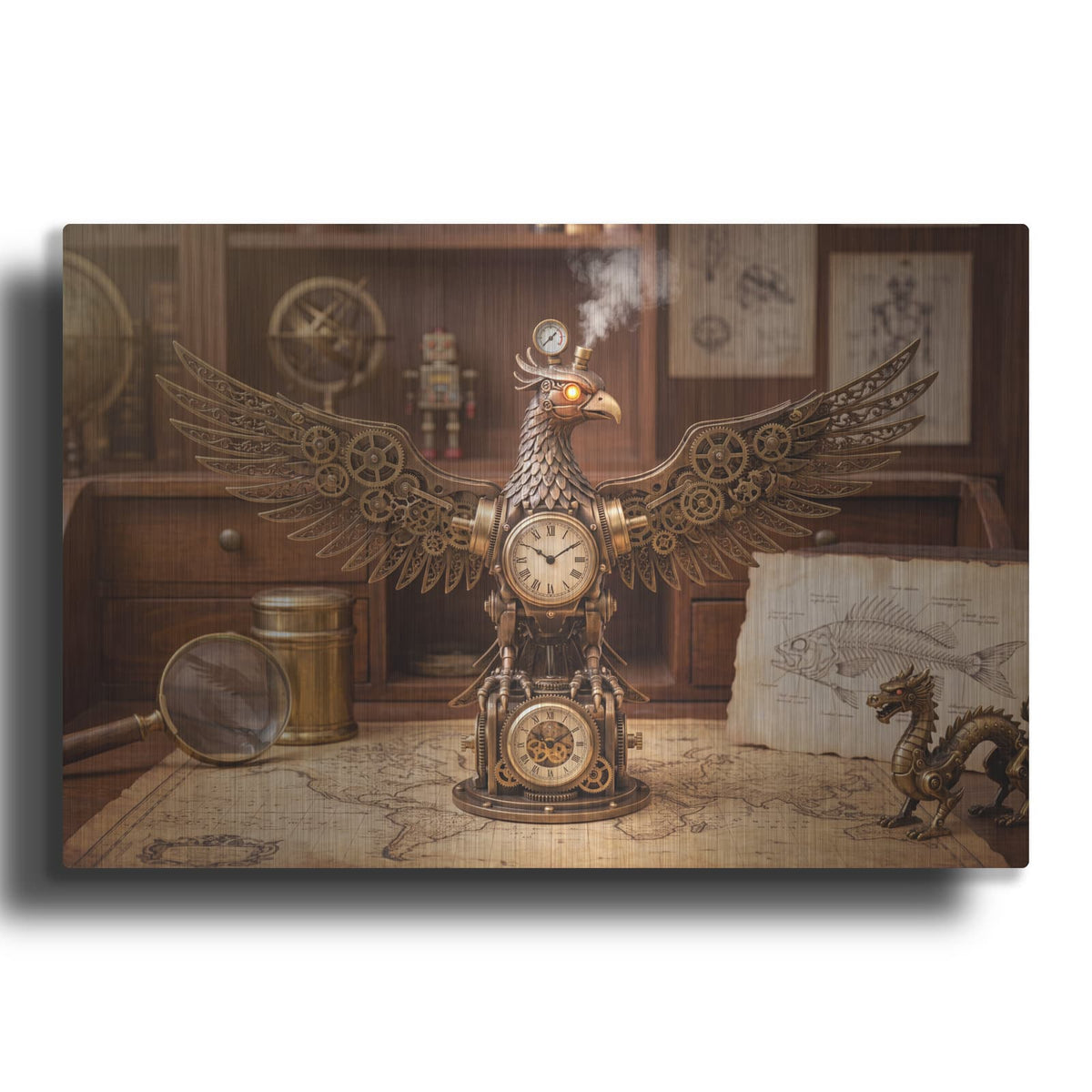 'Steampunk Phoenix Workshop Perch' by Veve – Metal Wall Art