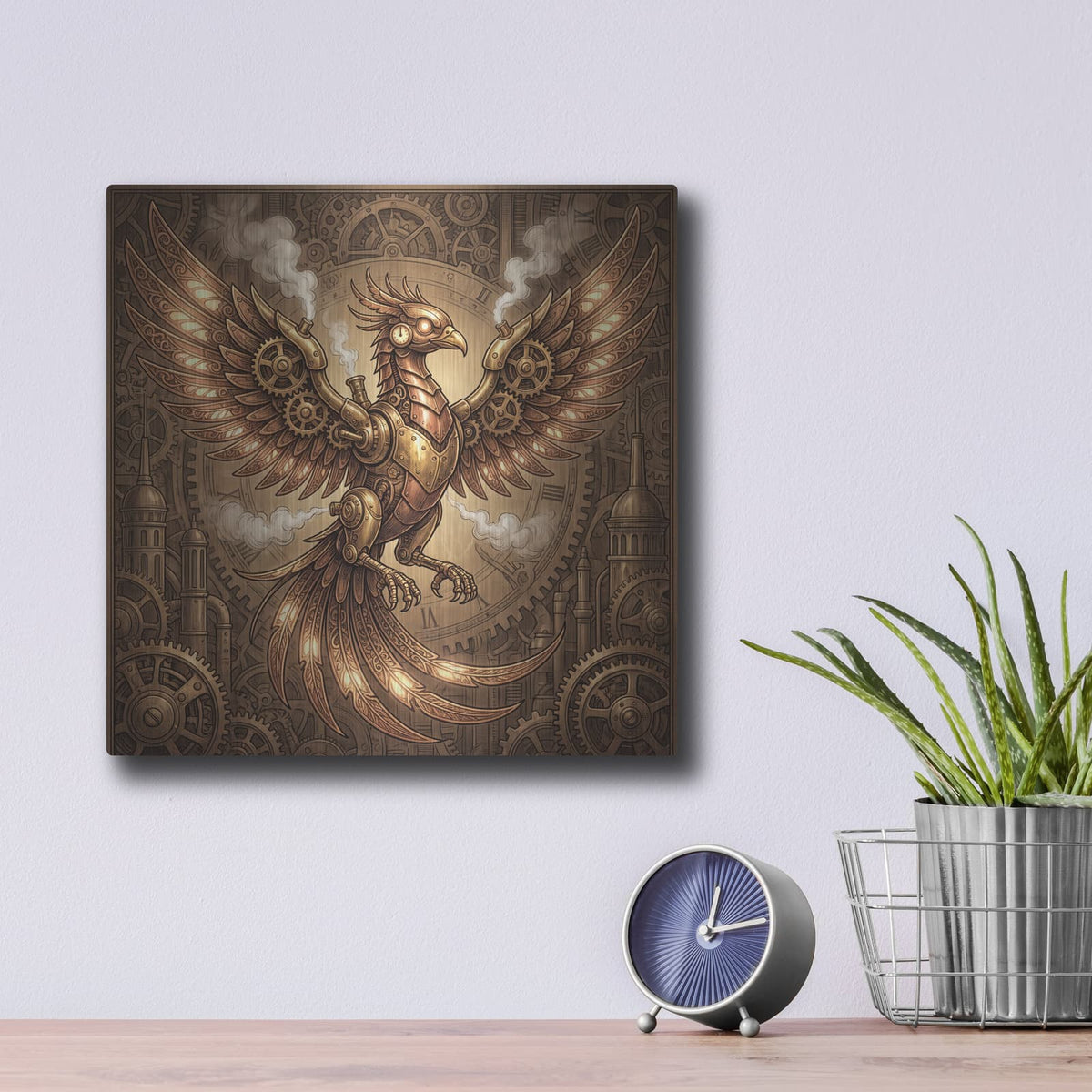 'Steampunk Phoenix' by Veve – Metal Wall Art, 12x12 room view