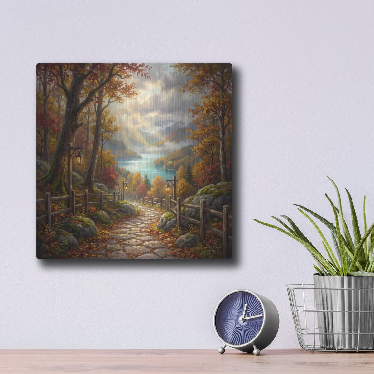 'Stone Path Through Autumn Mountains' by Veve – Metal Wall Art, 12x12 room view