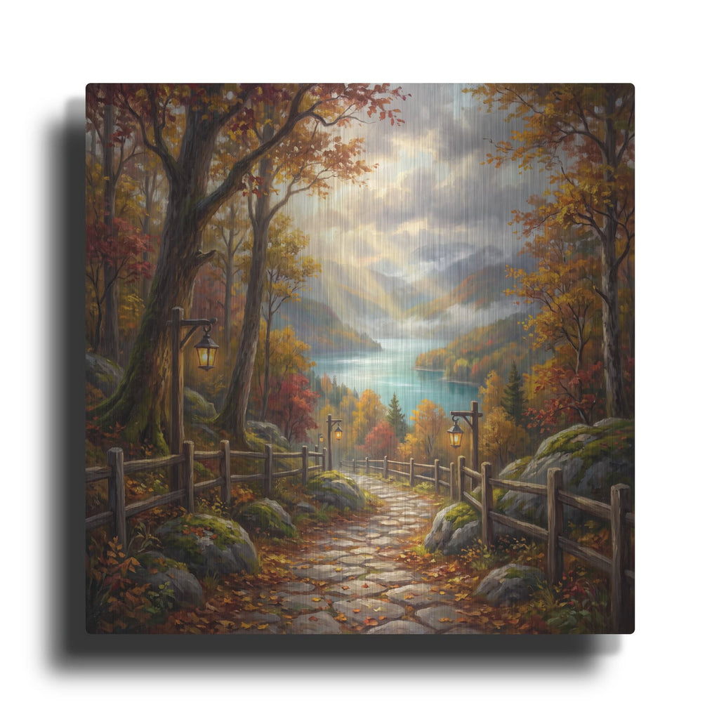 'Stone Path Through Autumn Mountains' by Veve – Metal Wall Art