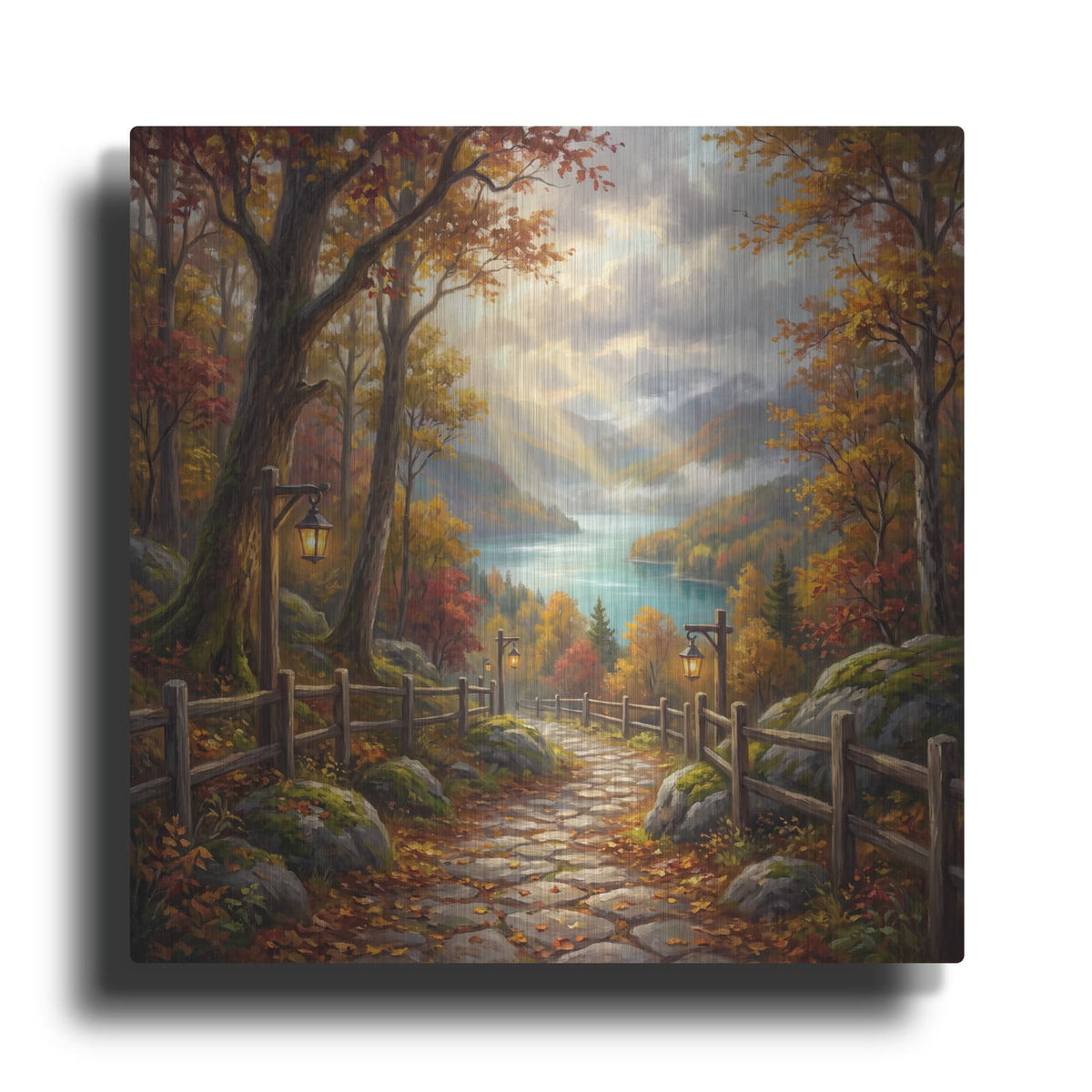 'Stone Path Through Autumn Mountains' by Veve – Metal Wall Art