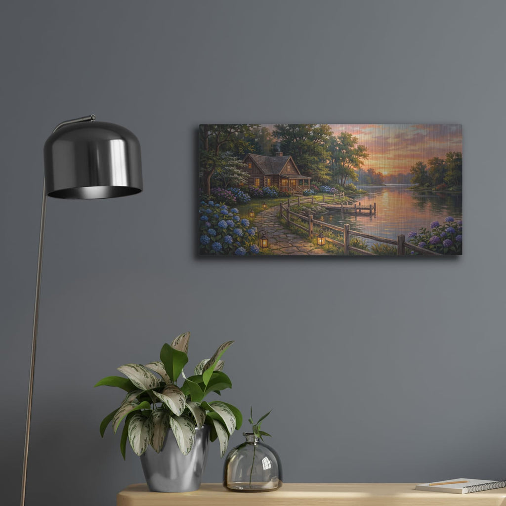 'Summer Lake House Sunset Golden Lakeside Landscape' by Veve – Metal Wall Art, 24x12 room view