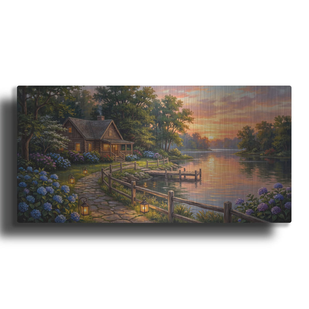 'Summer Lake House Sunset Golden Lakeside Landscape' by Veve – Metal Wall Art