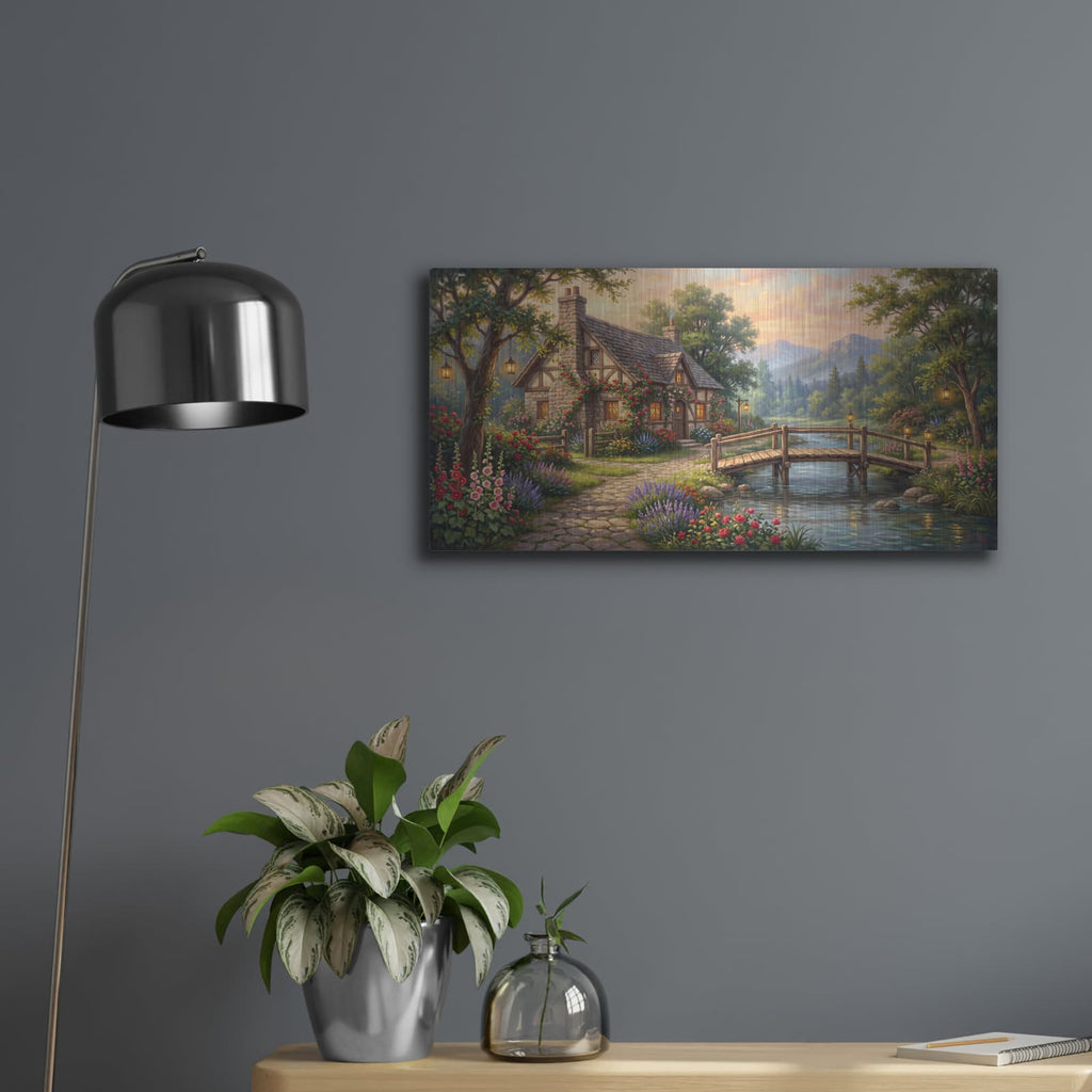 'Summer Riverside Cottage Romantic Country Landscape' by Veve – Metal Wall Art, 24x12 room view