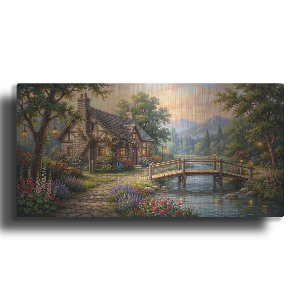 'Summer Riverside Cottage Romantic Country Landscape' by Veve – Metal Wall Art