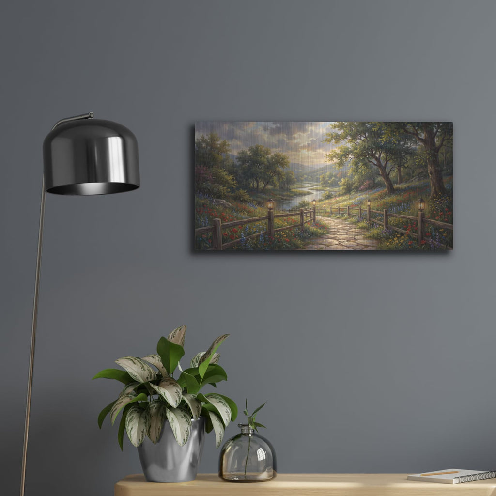 'Summer Wildflower Valley Rustic Mountain Path Landscape' by Veve – Metal Wall Art, 24x12 room view