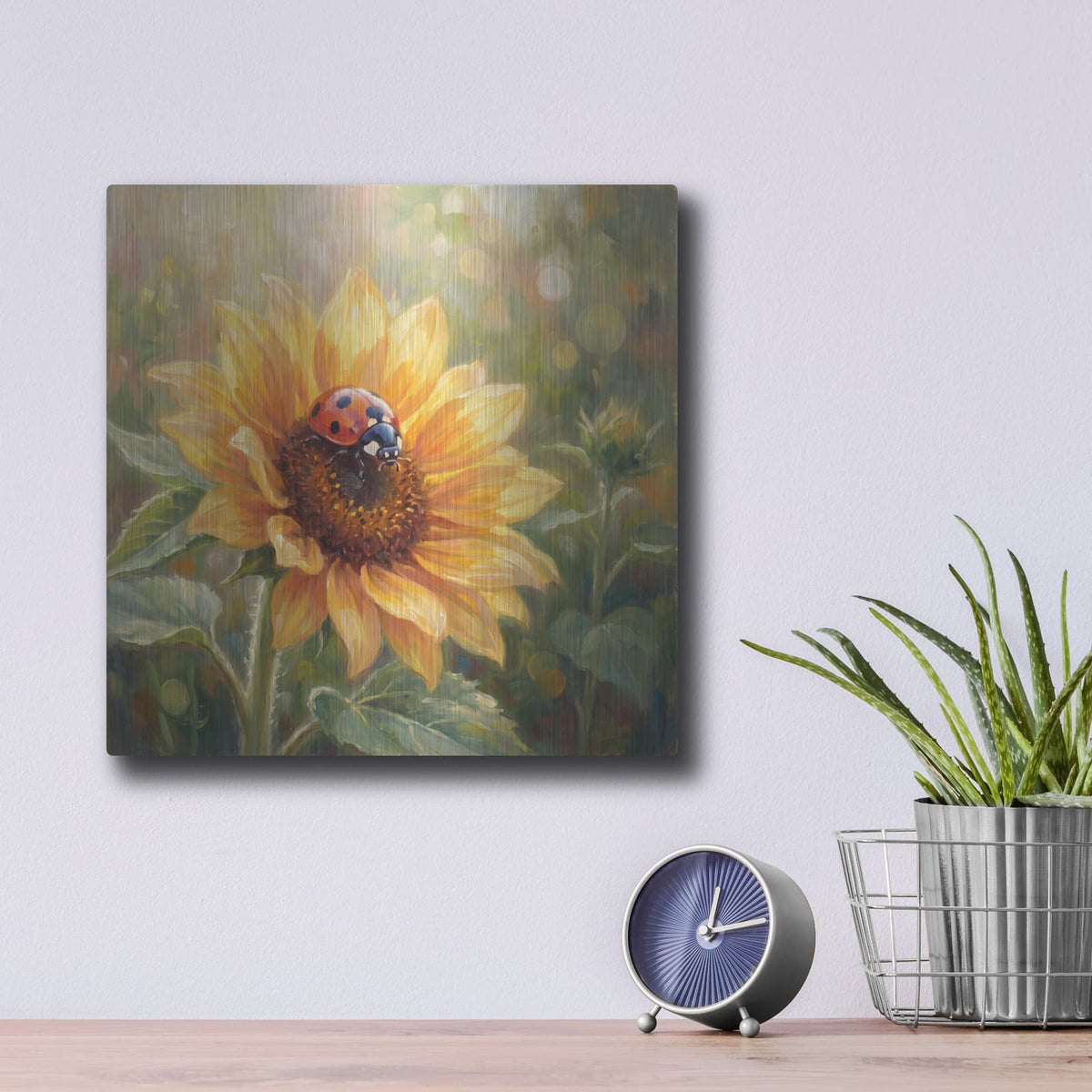 'Sunflower and Ladybug' by Veve – Metal Wall Art, 12x12 room view