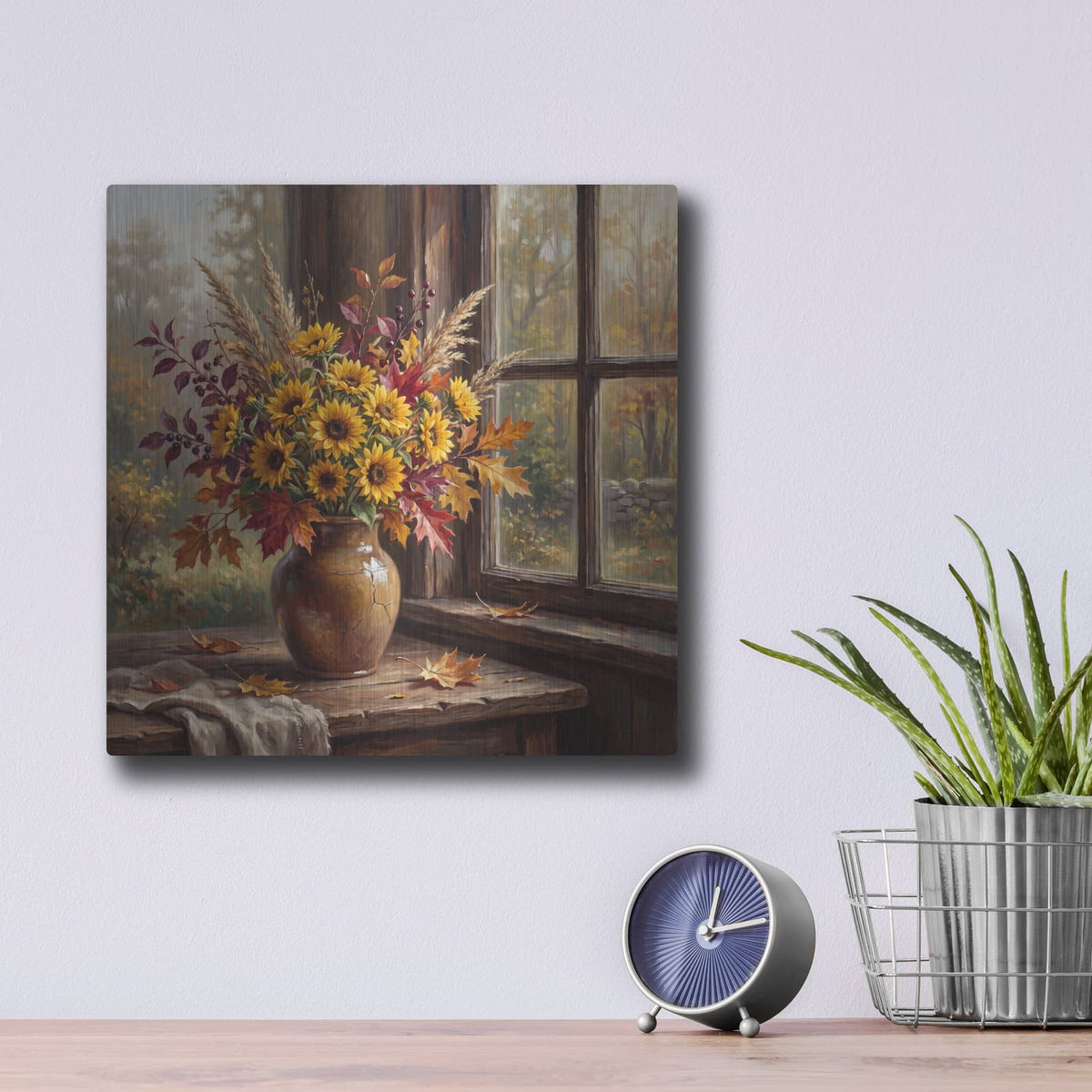 'Sunflowers and Fall Leaves' by Veve – Metal Wall Art, 12x12 room view