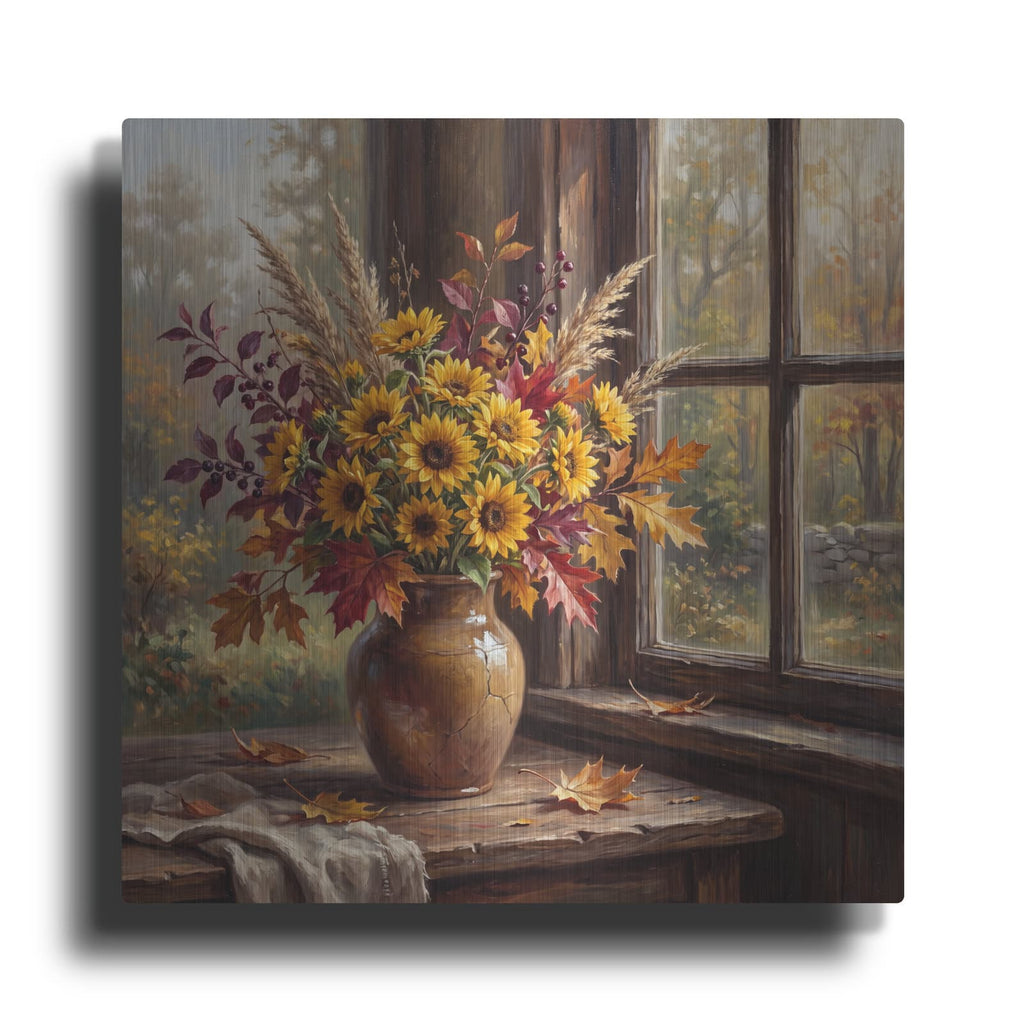 'Sunflowers and Fall Leaves' by Veve – Metal Wall Art
