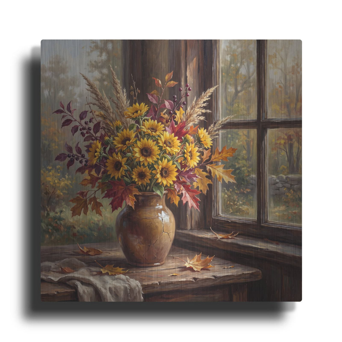 'Sunflowers and Fall Leaves' by Veve – Metal Wall Art