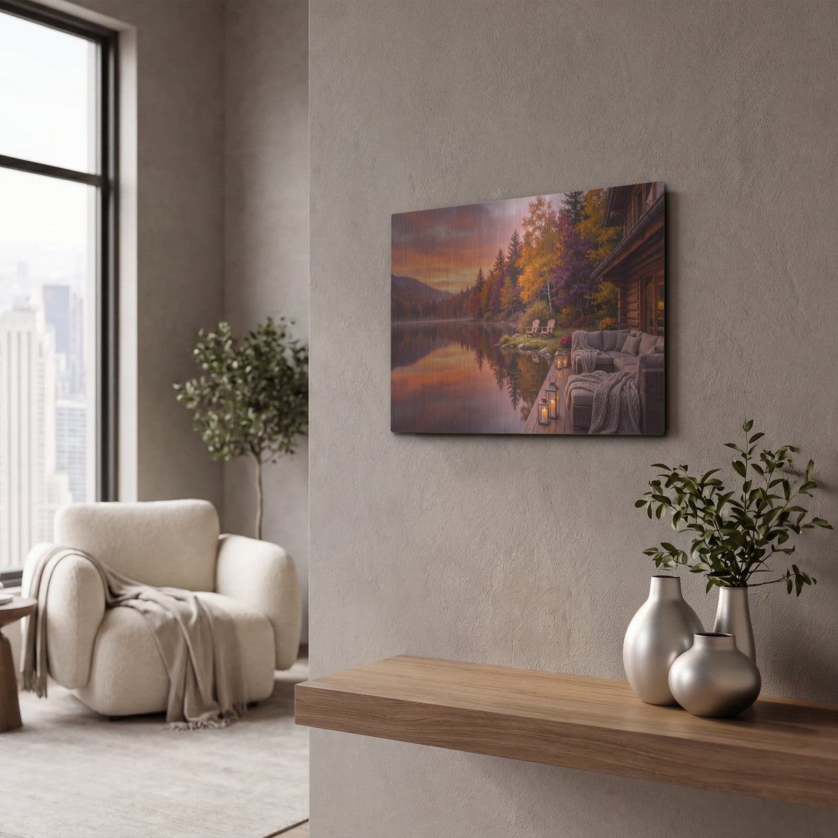'Sunset Reflections at Autumn Lake Lodge' by Veve – Metal Wall Art, 16x12 room view
