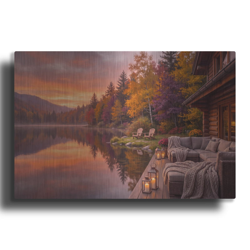 'Sunset Reflections at Autumn Lake Lodge' by Veve – Metal Wall Art