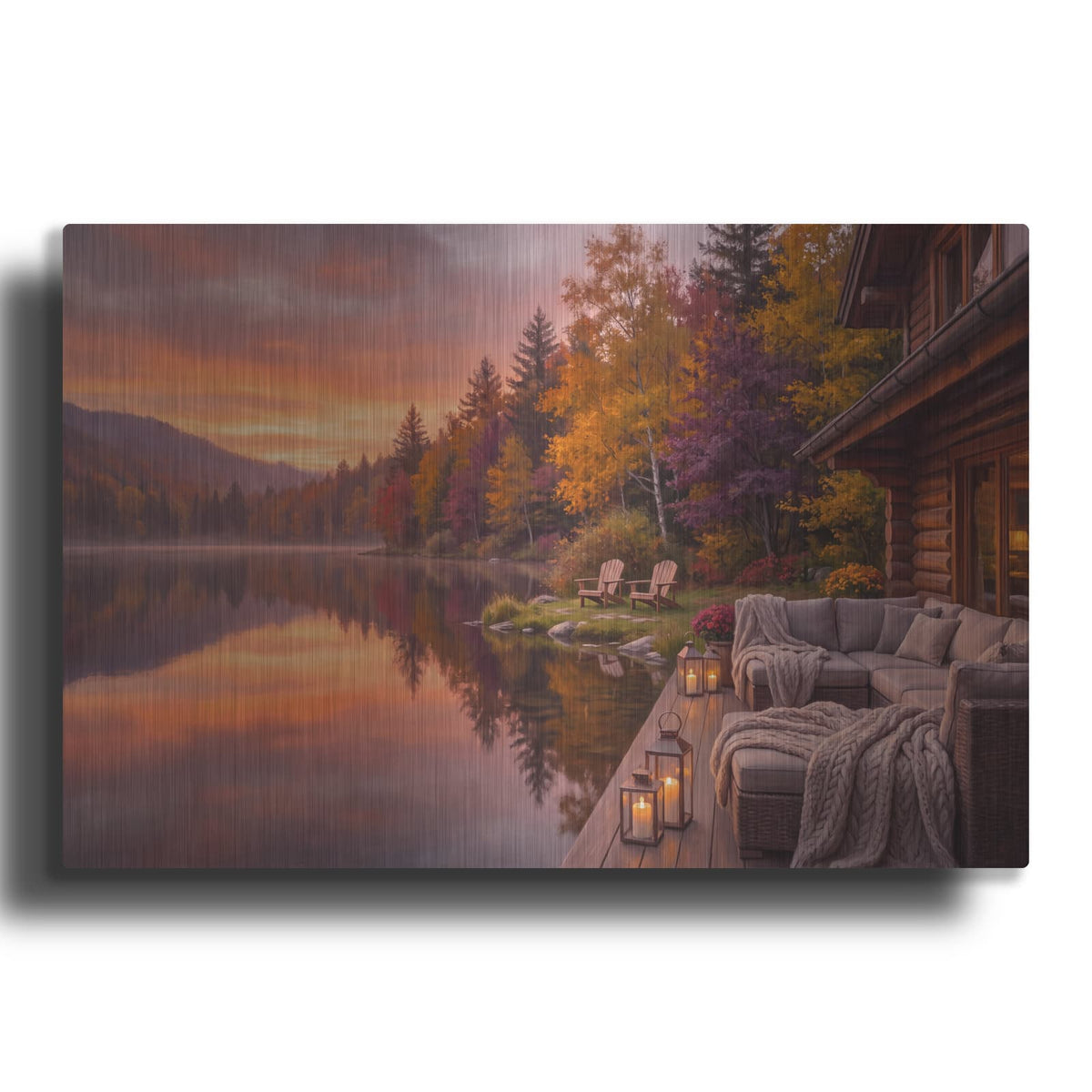 'Sunset Reflections at Autumn Lake Lodge' by Veve – Metal Wall Art