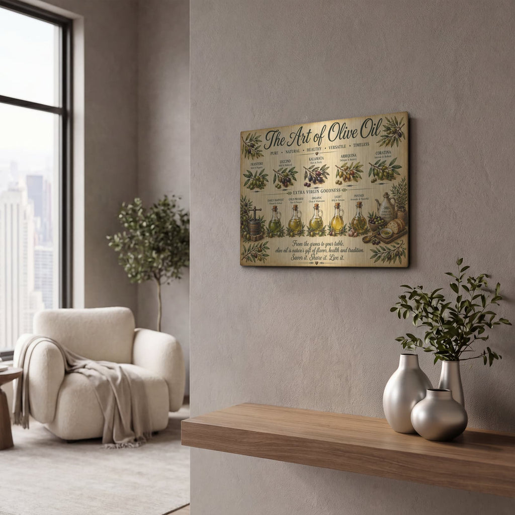 'The Art of Olive Oil' by Veve – Metal Wall Art, 16x12 room view