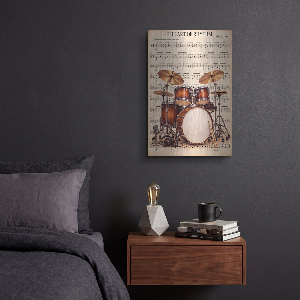 'The Art of Rhythm — Vintage Drums' by Veve – Metal Wall Art, 12x16 room view