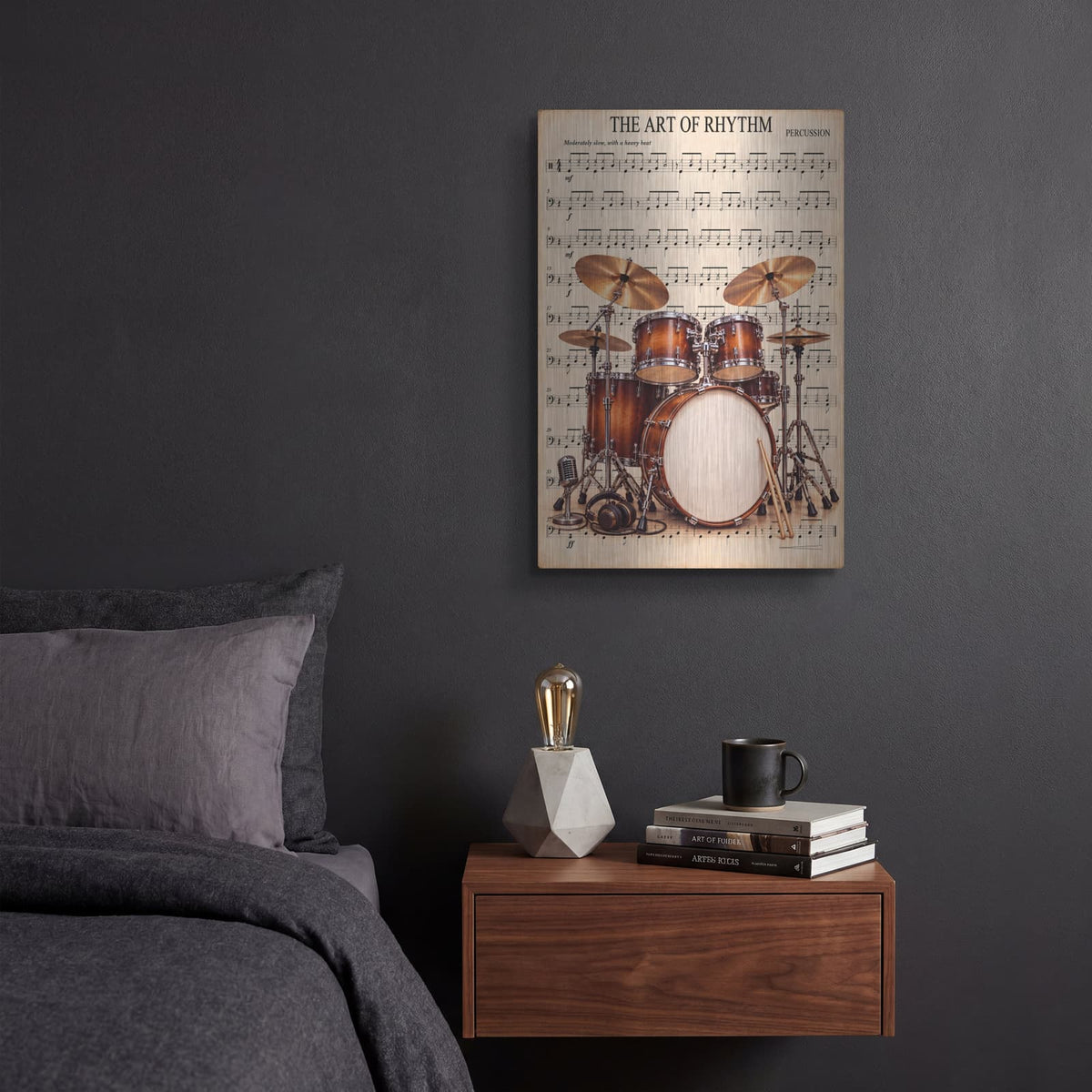 'The Art of Rhythm — Vintage Drums' by Veve – Metal Wall Art, 12x16 room view