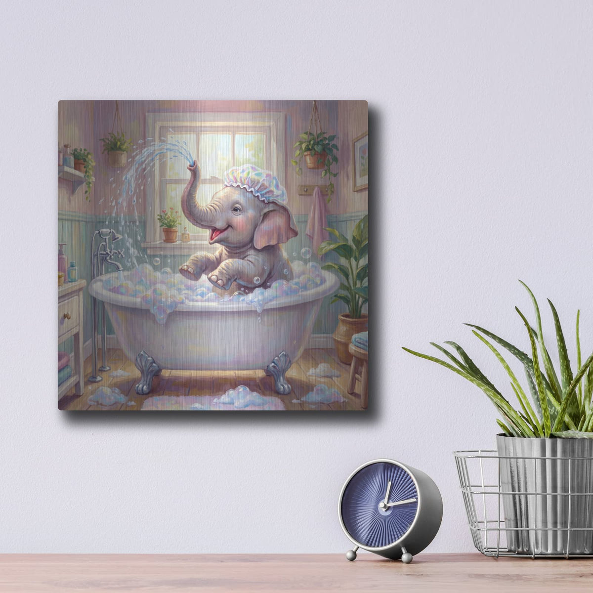 'Tiny Trunk, Big Splash' by Veve – Metal Wall Art, 12x12 room view