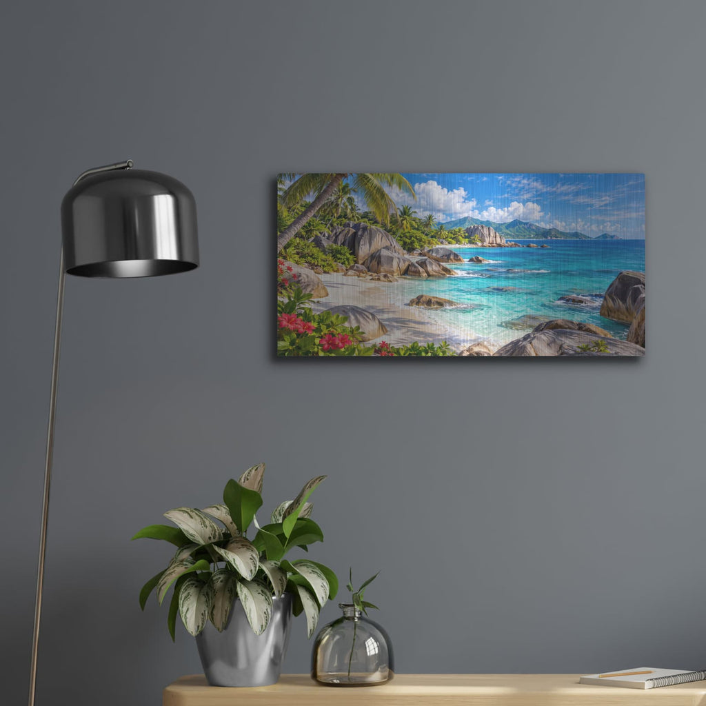 'Tropical Seychelles Beach' by Veve – Metal Wall Art, 24x12 room view