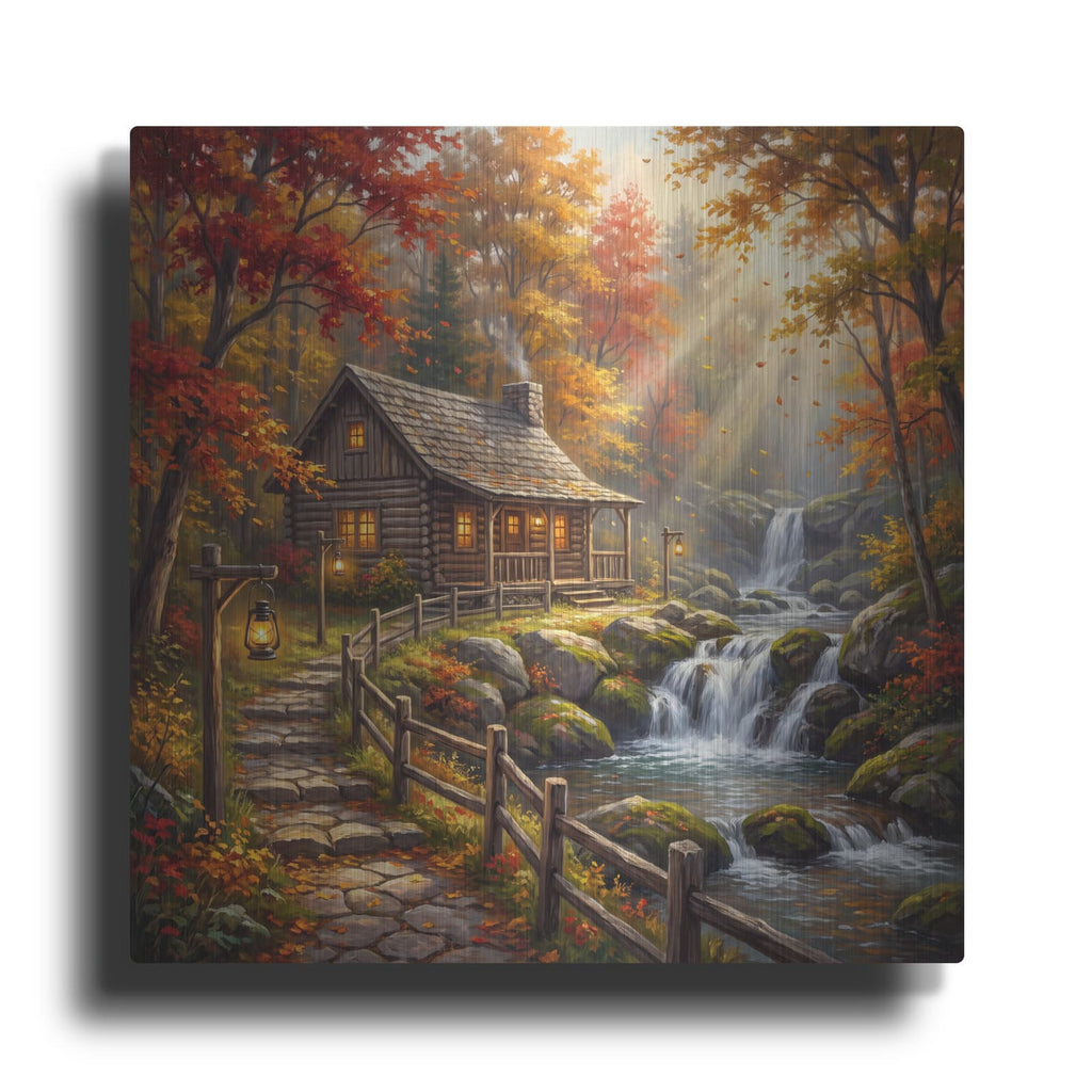 'Waterfall Beside Woodland Cabin' by Veve – Metal Wall Art