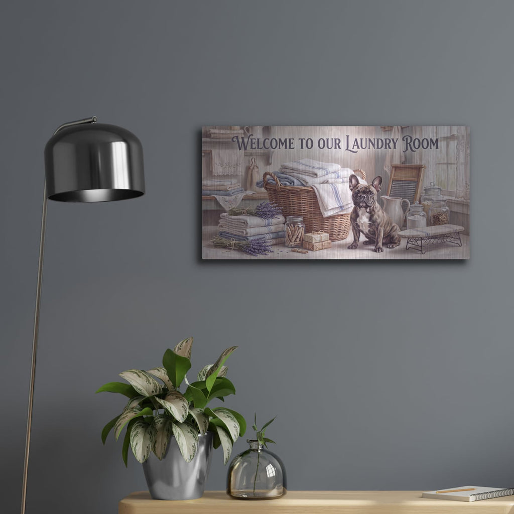 'Welcome to Our Laundry Room' by Veve – Metal Wall Art, 24x12 room view
