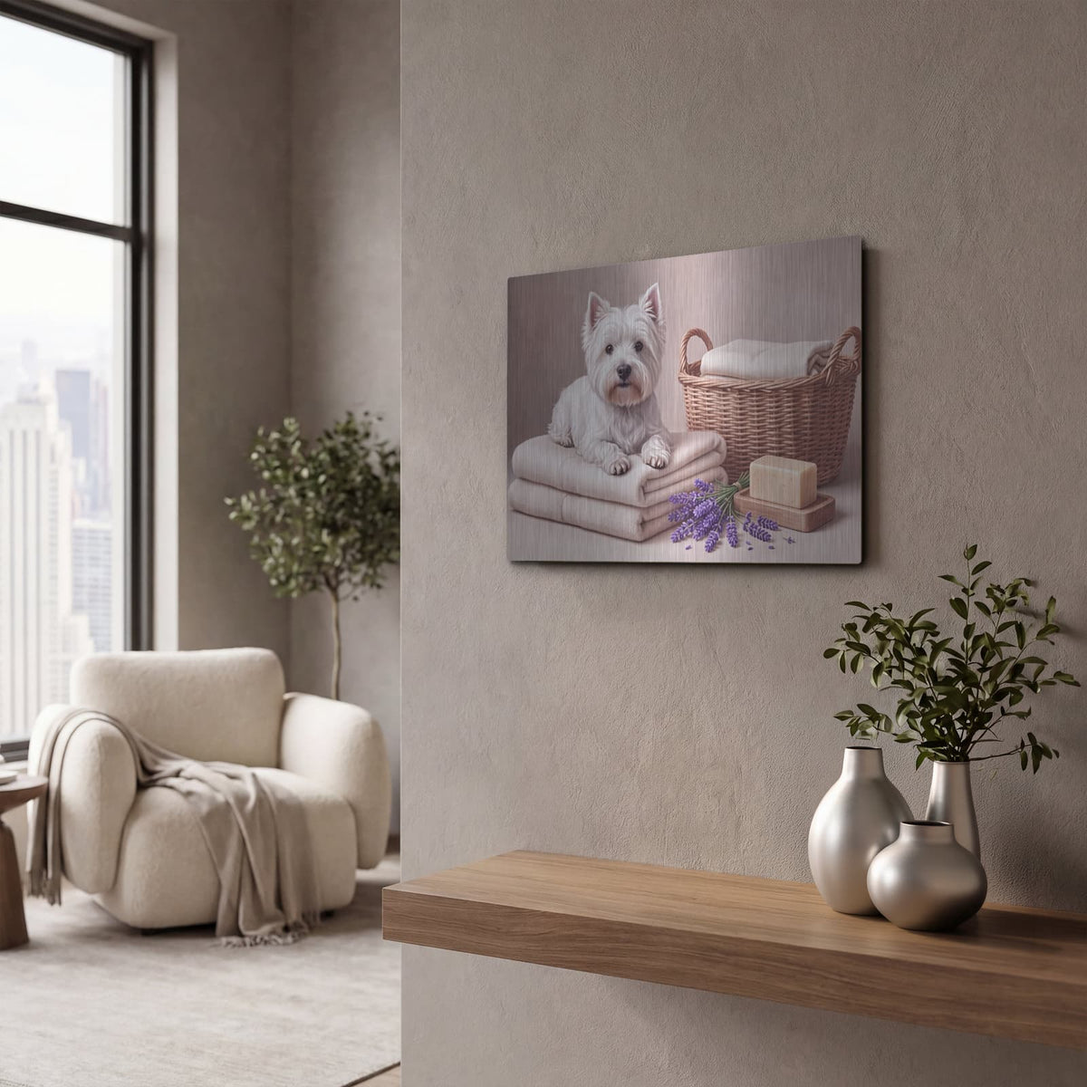 'Westie Laundry Room Helper' by Veve – Metal Wall Art, 16x12 room view