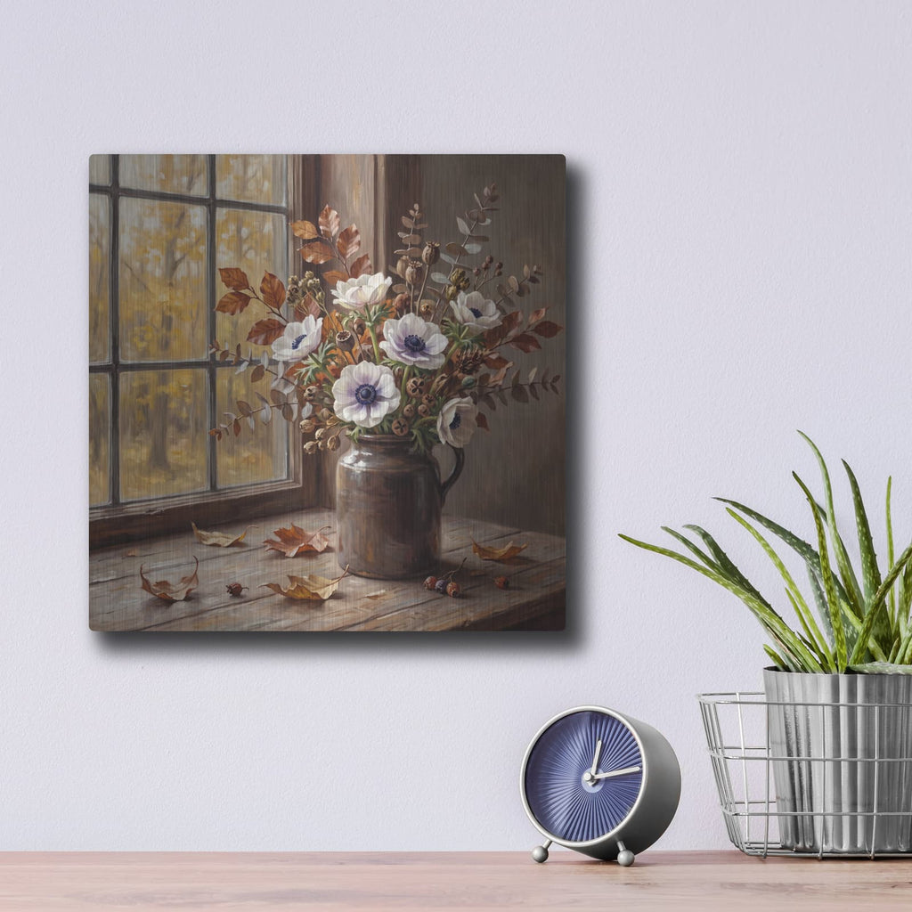 'White Anemones and Autumn Leaves' by Veve – Metal Wall Art, 12x12 room view