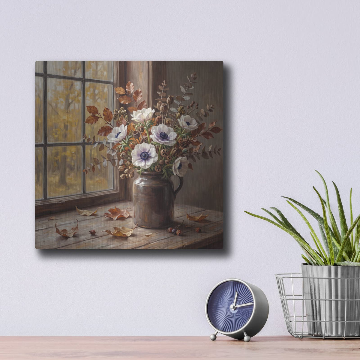 'White Anemones and Autumn Leaves' by Veve – Metal Wall Art, 12x12 room view