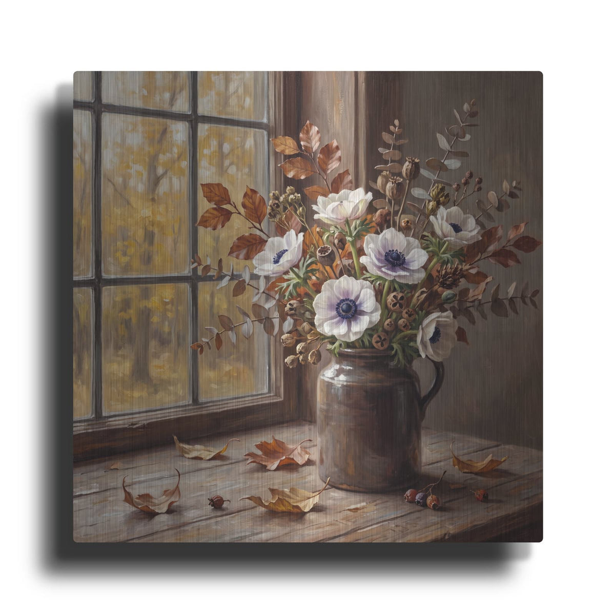 'White Anemones and Autumn Leaves' by Veve – Metal Wall Art