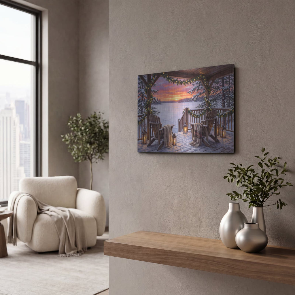 'Winter Cabin Garland Lights Icy Lake Sunset' by Veve – Metal Wall Art, 16x12 room view