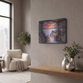 'Winter Cabin Garland Lights Icy Lake Sunset' by Veve – Metal Wall Art, 16x12 room view