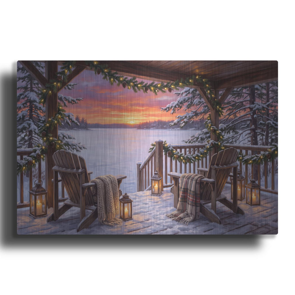 'Winter Cabin Garland Lights Icy Lake Sunset' by Veve – Metal Wall Art