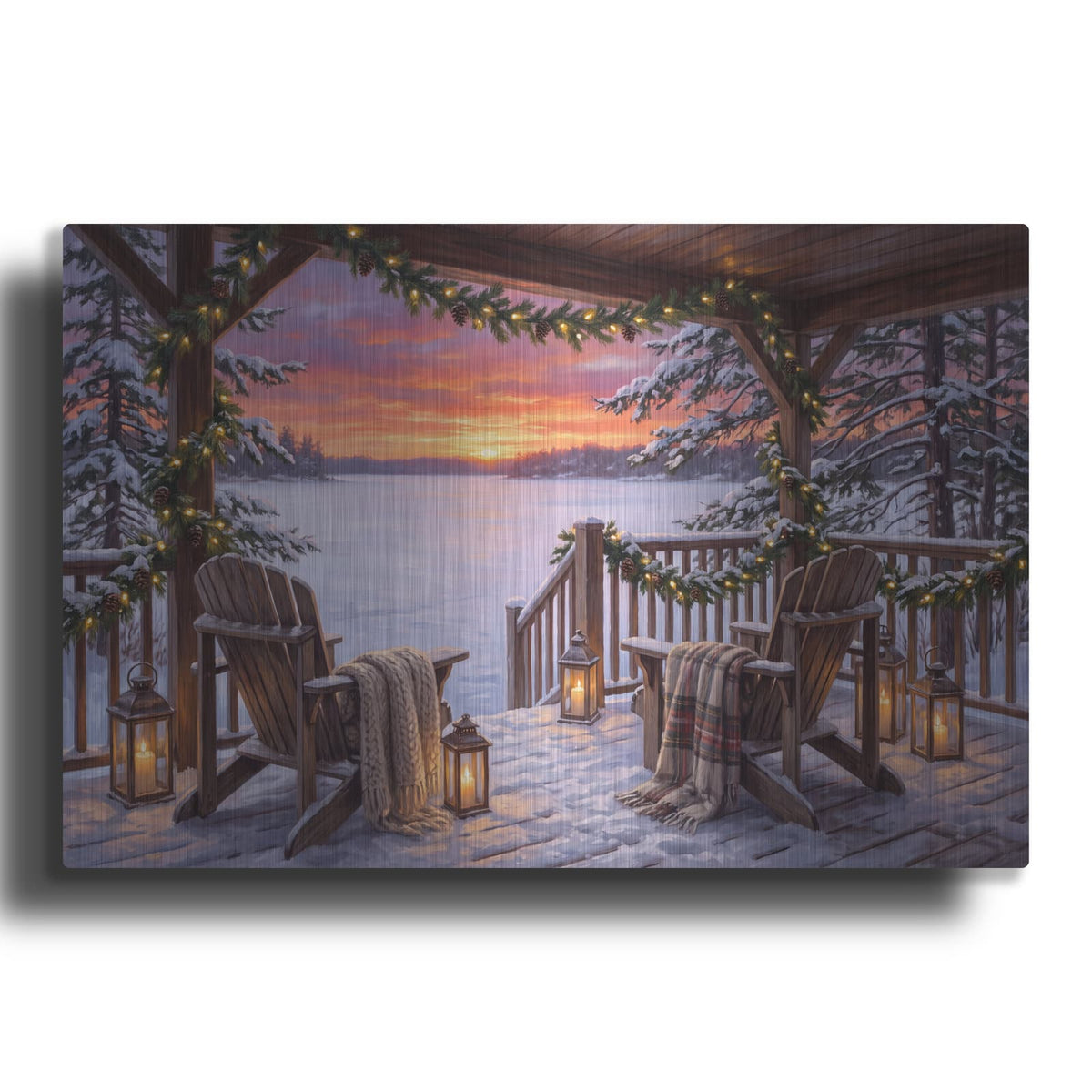 'Winter Cabin Garland Lights Icy Lake Sunset' by Veve – Metal Wall Art