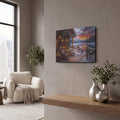 'Winter Cabin Sunset by the Lake Snowy Fireside' by Veve – Metal Wall Art, 16x12 room view
