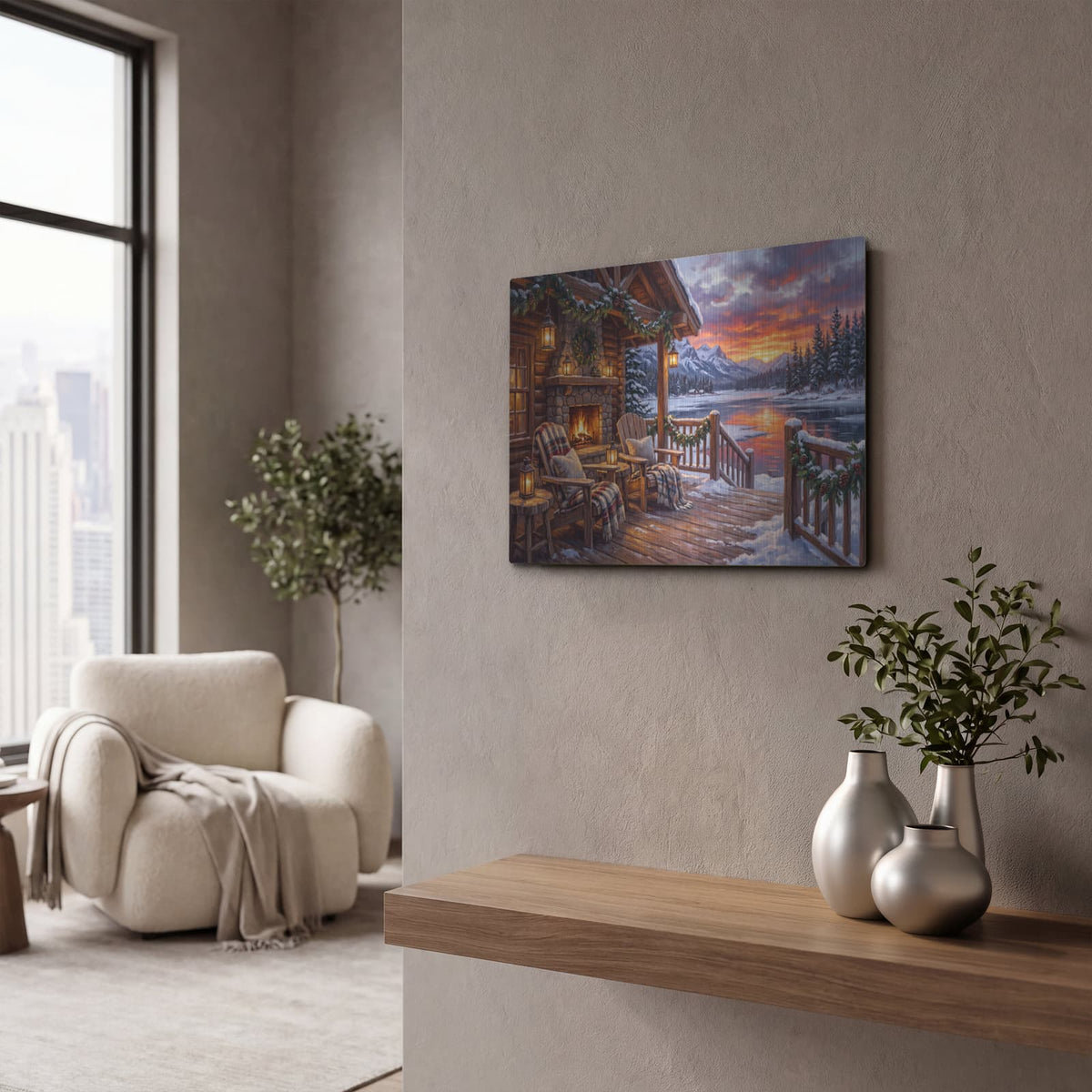 'Winter Cabin Sunset by the Lake Snowy Fireside' by Veve – Metal Wall Art, 16x12 room view
