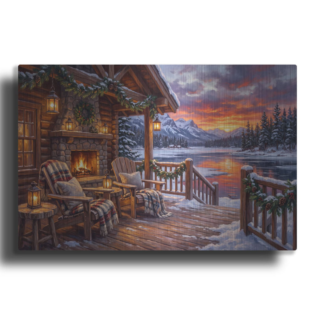 'Winter Cabin Sunset by the Lake Snowy Fireside' by Veve – Metal Wall Art