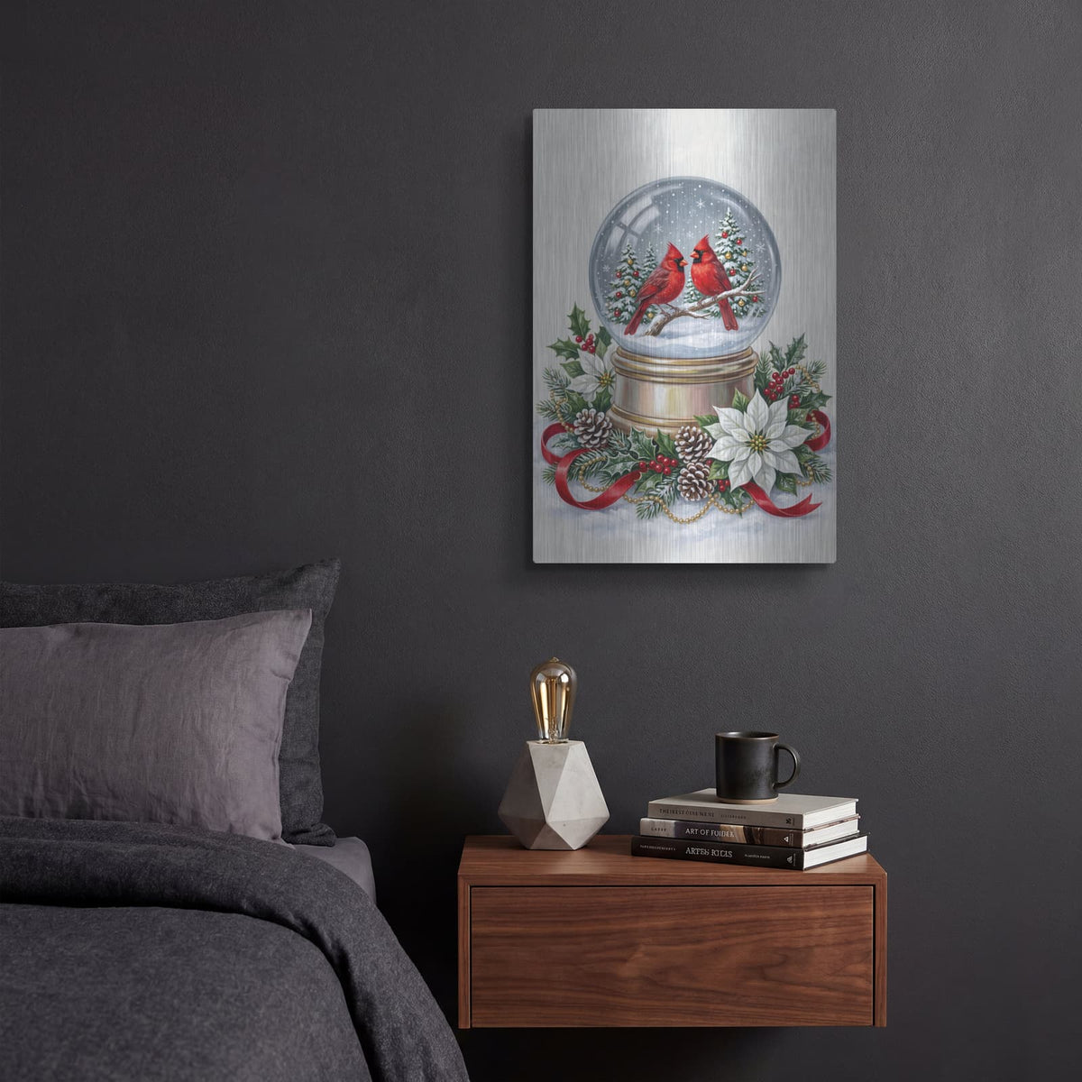 'Winter Cardinals Snow Globe' by Veve – Metal Wall Art, 12x16 room view